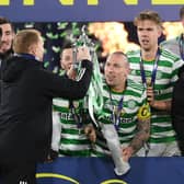 Celtic manager Neil Lennon lifts the 2019/2020 Scottish Cup with captain Scott Brown looking on in the celebrations for a triumph completing a quadruple treble for the club. (Photo by Craig Foy / SNS Group)