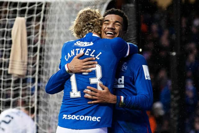Rangers midfielder Malik Tillman celebrates with Todd Cantwell after scoring for the second match running in the 2-1 win over Ross County at Ibrox.  (Photo by Alan Harvey / SNS Group)