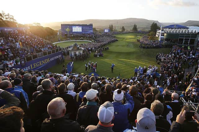 Henrik Stenson tees off the first hole during the opening fourball matches in the 2014 Ryder Cup at Gleneagles. Picture: Adrian Dennis/AFP via Getty Images.