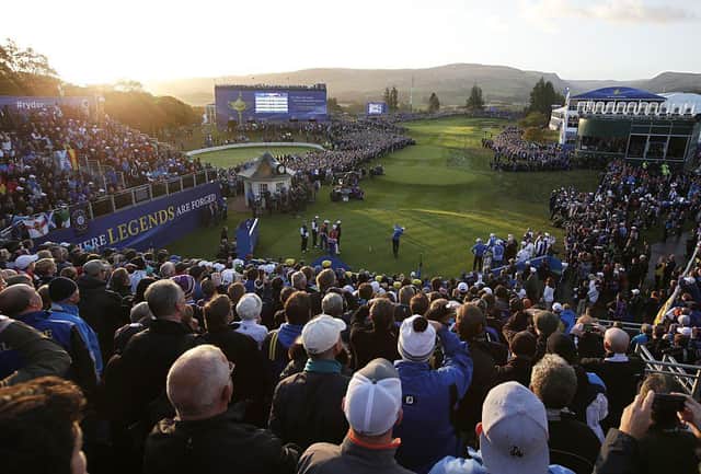 Henrik Stenson tees off the first hole during the opening fourball matches in the 2014 Ryder Cup at Gleneagles. Picture: Adrian Dennis/AFP via Getty Images.