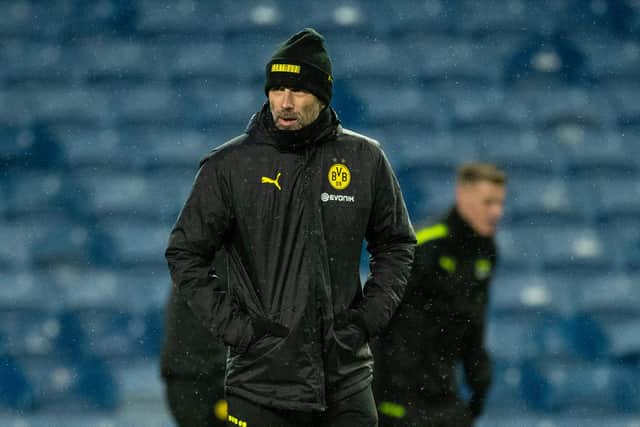 Dortmund boss Marco Rose takes training at Ibrox Stadium ahead of the Europa League play-off 2nd leg against Rangers. (Photo by Ross MacDonald / SNS Group)
