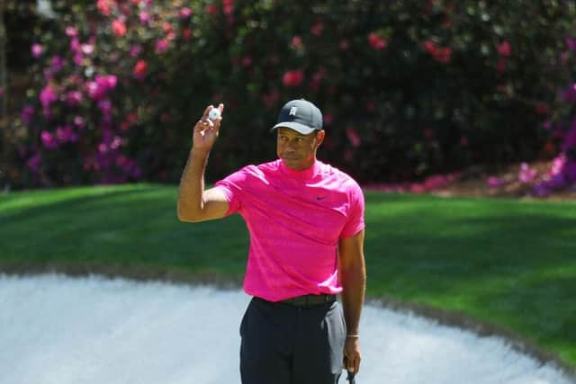 Tiger Woods reacts after making birdie on the 13th green during the first round of The Masters at Augusta National Golf Club. Picture: Andrew Redington/Getty Images.