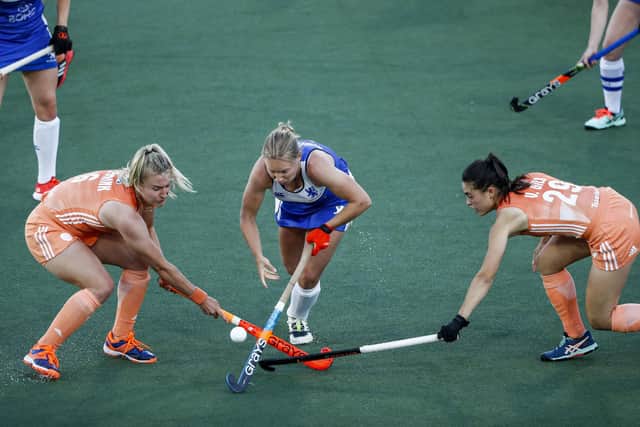 Sarah Robertson, centre, in action for Scotland against the Netherlands during the European Hockey Championship in Amstelveen earlier this month.
