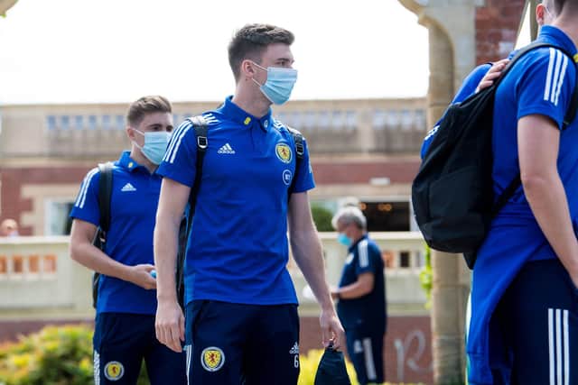 Kieran Tierney boards the Scotland team bus as it departs Rockliffe Park ahead of the flight to London. (Photo by Ross Parker / SNS Group)