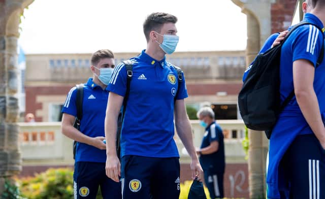 Kieran Tierney boards the Scotland team bus as it departs Rockliffe Park ahead of the flight to London. (Photo by Ross Parker / SNS Group)