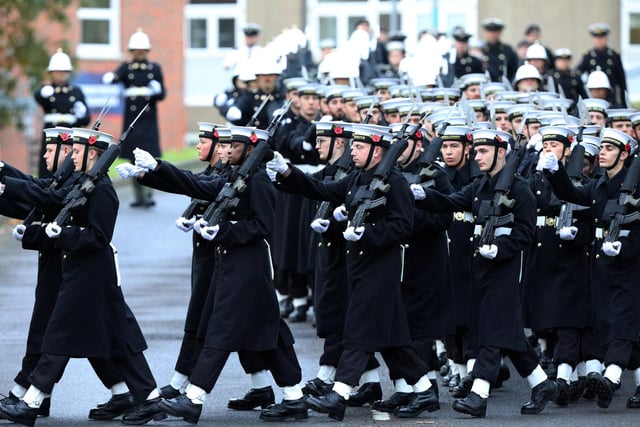 The Royal Navy's Ceremonial Guard in their final rehearsal for their duties at the Cenotaph in London, on Remembrance Sunday. They were photographed at Whale Island, Portsmouth. Picture: Chris Moorhouse   (jpns 101121-22)