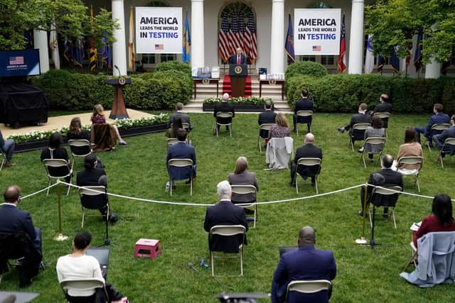 U.S. President Donald Trump speaks during a press briefing about coronavirus testing in the Rose Garden of the White House on May 11, 2020 in Washington, DC. (Photo by Drew Angerer/Getty Images)