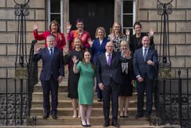 First Minister John Swinney and Deputy First Minister Kate Forbes outside Bute House with the Scottish cabinet.