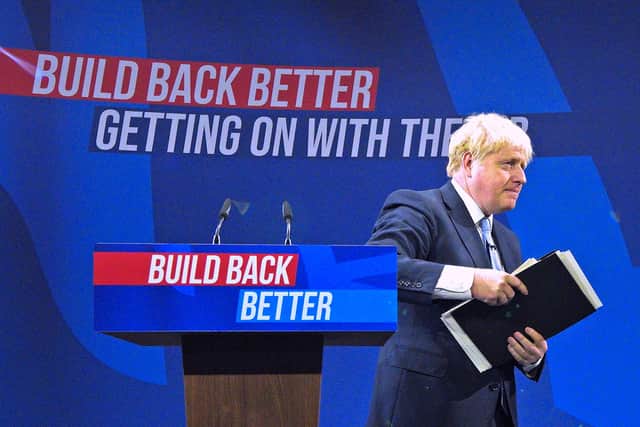 Prime Minister Boris Johnson delivers his keynote speech at the Conservative Party Conference in Manchester. Picture: PA