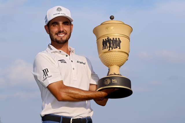Mexican Abraham Ancer of Mexico poses with the trophy after winning the FedEx St Jude Invitational at TPC Southwind in Memphis,. Picture: Sam Greenwood/Getty Images.
