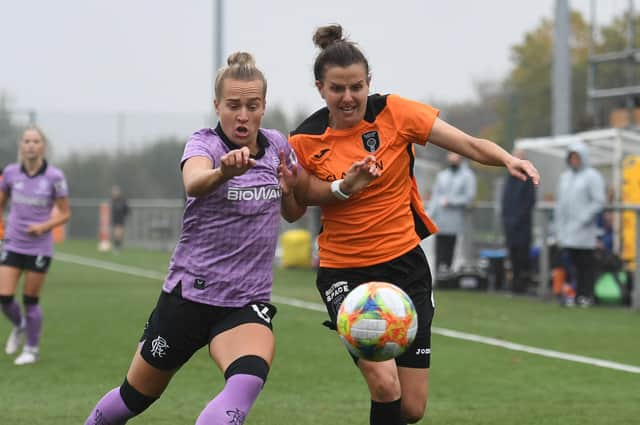 Glasgow City's Hayley Lauder and Rangers Rachel McGlaughlin during a SWPL match between Glasgow City and Rangers.