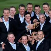 Paul McGinley celebrates with his players after Europe's win in the 2014 Ryder Cup at Gleneagles. Picture: Andrew Redington/Getty Images.