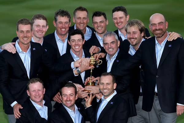 Paul McGinley celebrates with his players after Europe's win in the 2014 Ryder Cup at Gleneagles. Picture: Andrew Redington/Getty Images.