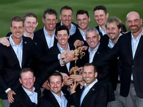 Paul McGinley celebrates with his players after Europe's win in the 2014 Ryder Cup at Gleneagles. Picture: Andrew Redington/Getty Images.
