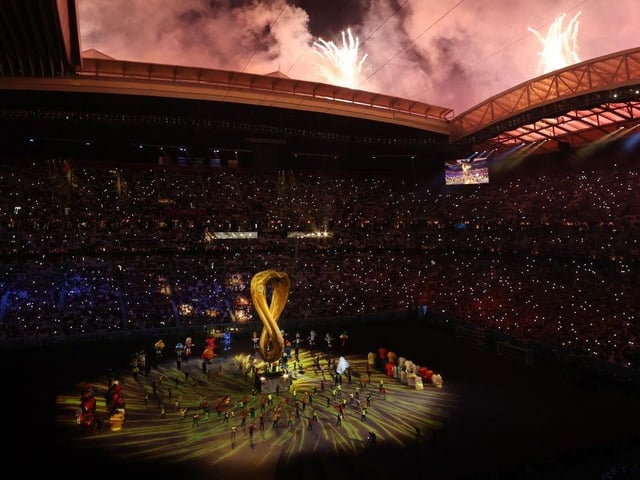 A general view inside the Al Bayt Stadium during the FIFA World Cup Qatar opening ceremony.