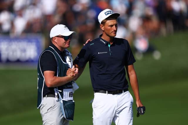 Adrian Meronk, pictured being congratulated by his Scottish caddie Stuart Beck, will not be returning to the scene of his DS Automobiles Italian Open win earlier in the year after missing out on a captain's pick for the 44th Ryder Cup at Marco Simone Golf Club in Rome. Picture: Naomi Baker/Getty Images.