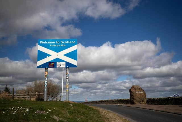 The Scotland-England border on the A68 near Jedburgh in the Scottish Borders.