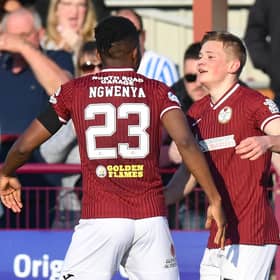Kelty Hearts players run away in celebration as Ukranian Max Kucheriavyi scores to make it 1-0.