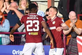 Kelty Hearts players run away in celebration as Ukranian Max Kucheriavyi scores to make it 1-0.