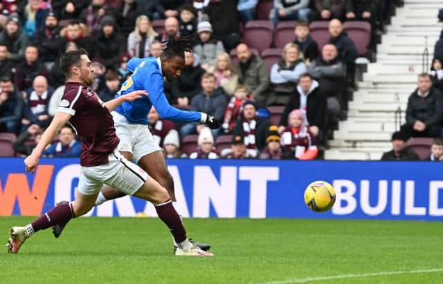 EDINBURGH, SCOTLAND - DECEMBER 12: Rangers Joe Aribo makes it 2-0 during a Cinch Premiership match between Heart of Midlothian and Rangers at Tynecastle Park, on December 11, 2021, in Edinburgh, Scotland. (Photo by Paul Devlin / SNS Group)