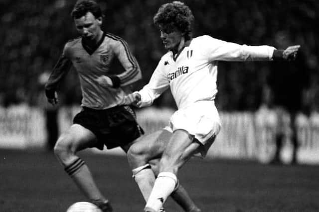 Dundee United striker Davie Dodds in European Cup semi-final first leg action against AS Roma's Odoacre Chierico in 1984.
