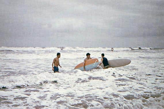 Stewart Crichton, Ian Wishart and George Law surfing in Aberdeen, 1968 PIC: Andy Bennetts