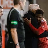 Aberdeen manager Jim Goodwin hugs Luis 'Duk' Lopes after scoring twice against St Johnstone.