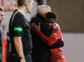 Aberdeen manager Jim Goodwin hugs Luis 'Duk' Lopes after scoring twice against St Johnstone.