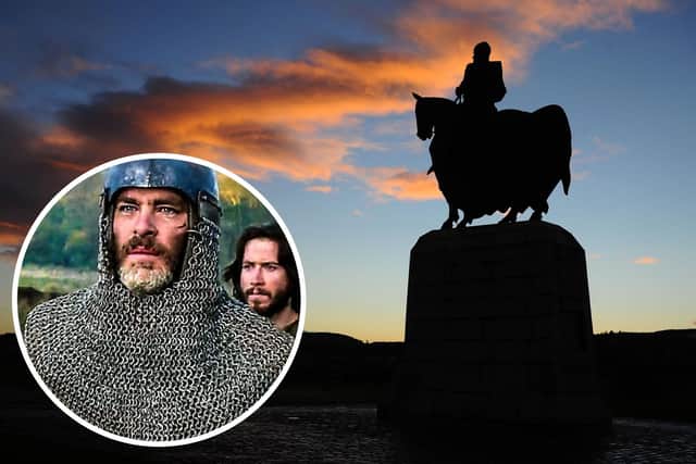 Battle of Bannockburn's famous Robert the Bruce statue. Inset: Netflix's Outlaw King is said to be a more historically accurate depiction of Robert the Bruce