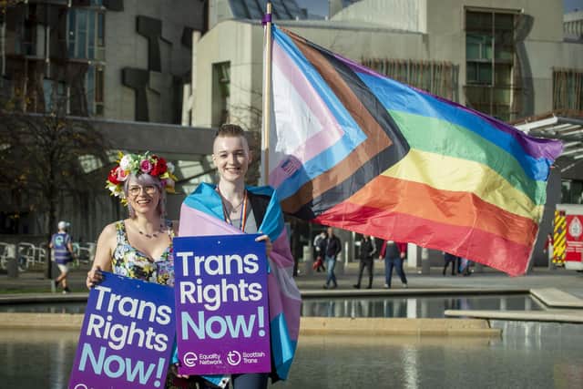 Trans rights activists outside the Scottish Parliament. Image: Lisa Ferguson/National World.