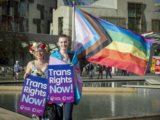 Trans rights activists outside the Scottish Parliament. Image: Lisa Ferguson/National World.