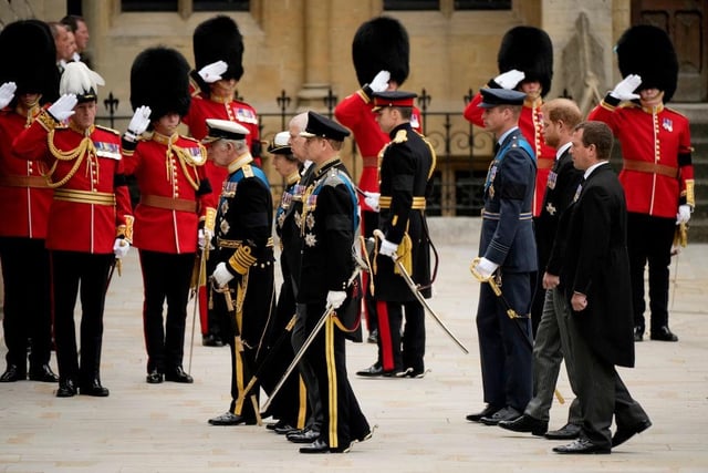 LONDON, ENGLAND - SEPTEMBER 19: King Charles III, Anne, Princess Royal, Prince Andrew, Duke of York, Prince Edward, Earl of Wessex, Prince William, Prince of Wales, Prince Harry, Duke of Sussex and Peter Phillips arrive at Westminster Abbey for the State Funeral of Queen Elizabeth II on September 19, 2022 in London, England. Elizabeth Alexandra Mary Windsor was born in Bruton Street, Mayfair, London on 21 April 1926. She married Prince Philip in 1947 and ascended the throne of the United Kingdom and Commonwealth on 6 February 1952 after the death of her Father, King George VI. Queen Elizabeth II died at Balmoral Castle in Scotland on September 8, 2022, and is succeeded by her eldest son, King Charles III.  (Photo by Christopher Furlong/Getty Images)