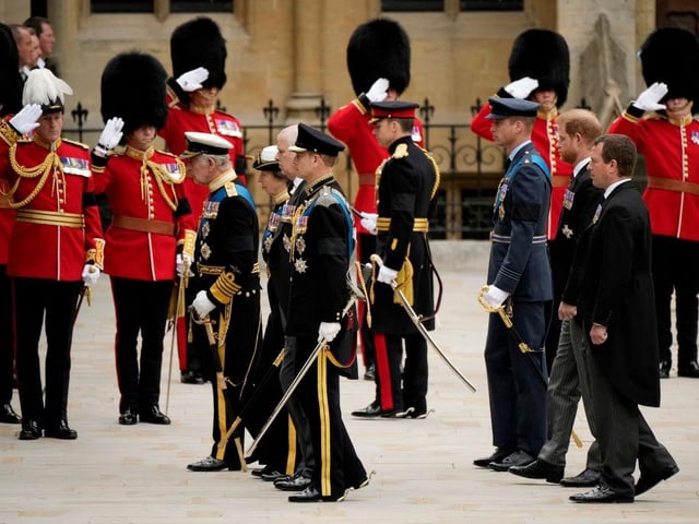 LONDON, ENGLAND - SEPTEMBER 19: King Charles III, Anne, Princess Royal, Prince Andrew, Duke of York, Prince Edward, Earl of Wessex, Prince William, Prince of Wales, Prince Harry, Duke of Sussex and Peter Phillips arrive at Westminster Abbey for the State Funeral of Queen Elizabeth II on September 19, 2022 in London, England. Elizabeth Alexandra Mary Windsor was born in Bruton Street, Mayfair, London on 21 April 1926. She married Prince Philip in 1947 and ascended the throne of the United Kingdom and Commonwealth on 6 February 1952 after the death of her Father, King George VI. Queen Elizabeth II died at Balmoral Castle in Scotland on September 8, 2022, and is succeeded by her eldest son, King Charles III. (Photo by Christopher Furlong/Getty Images)