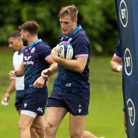 Stafford McDowall during a Scotland training session at the Oriam. He will start at inside centre against Italy. (Photo by Ross MacDonald / SNS Group)