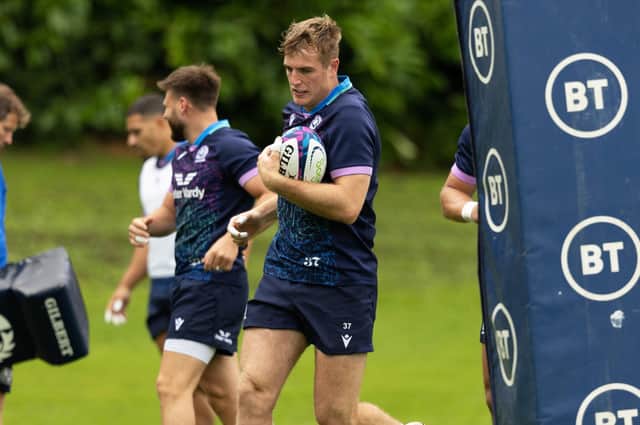 Stafford McDowall during a Scotland training session at the Oriam. He will start at inside centre against Italy. (Photo by Ross MacDonald / SNS Group)