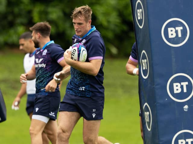 Stafford McDowall during a Scotland training session at the Oriam. He will start at inside centre against Italy. (Photo by Ross MacDonald / SNS Group)