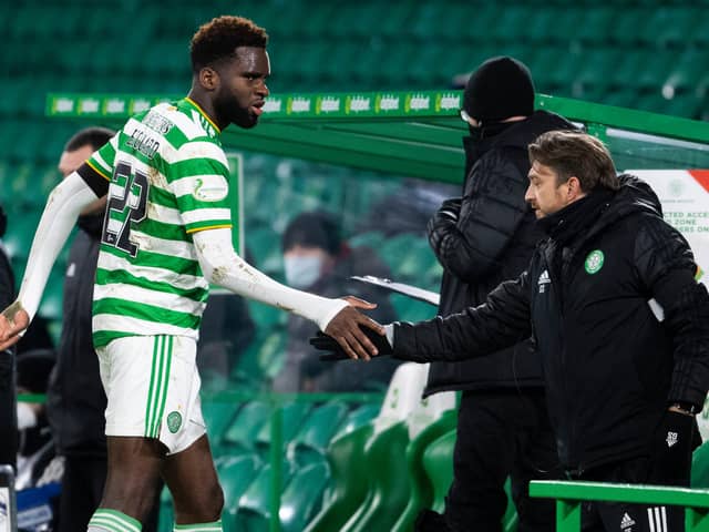 Odsonne Edouard shakes hands with Celtic coach Gavin Strachan after being substituted late in Wednesday's win. Picture: SNS