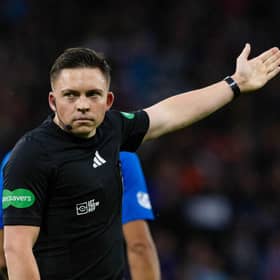 Referee Matthew MacDermid during the Premier Sports Cup last 16 match between Rangers and St Johnstone at Hampden Park, on August 17, 2024.  (Photo by Craig Williamson / SNS Group)