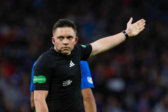 Referee Matthew MacDermid during the Premier Sports Cup last 16 match between Rangers and St Johnstone at Hampden Park, on August 17, 2024. (Photo by Craig Williamson / SNS Group)