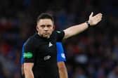Referee Matthew MacDermid during the Premier Sports Cup last 16 match between Rangers and St Johnstone at Hampden Park, on August 17, 2024.  (Photo by Craig Williamson / SNS Group)