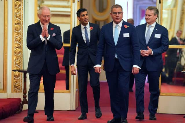 King Charles III (far left) arrives with, (left to right) Prime Minister Rishi Sunak, Alok Sharma (centre), who presided over Cop26 and Brian Moynihan, Chair and CEO of Bank of America and Co-Chair of Sustainable Markets Initiative, during a reception for world leaders, business figures, environmentalists and NGOs at Buckingham Palace ahead of the COP27 Summit.  The King's knowledge and presence at COP27 will be missed, writes Philip Lymbery.  PIC: Jonathan Brady/PA Wire.