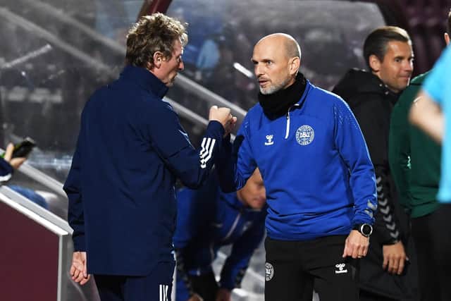 Denmark head coach Niels Frederiksen with Scotland head coach Scot Gemmill at full time during the UEFA Under-21 Championship Qualifier match between Scotland and Denmark at Tynecastle. (Photo by Craig Foy / SNS Group)