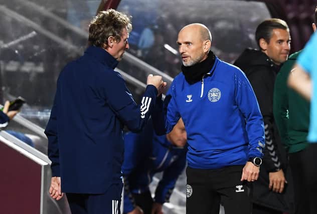 Denmark head coach Niels Frederiksen with Scotland head coach Scot Gemmill at full time during the UEFA Under-21 Championship Qualifier match between Scotland and Denmark at Tynecastle. (Photo by Craig Foy / SNS Group)