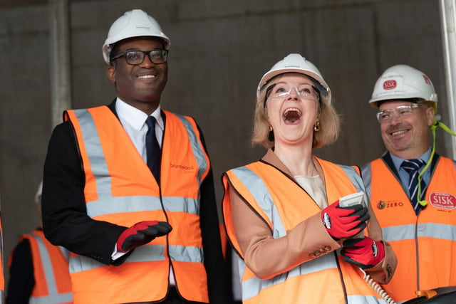 Prime Minister Liz Truss and Chancellor of the Exchequer Kwasi Kwarteng during a visit to a construction site for a medical innovation campus in Birmingham, on day three of the Conservative Party annual conference at the International Convention Centre in Birmingham. Liz Truss sacked Kwarteng before resigning herself. Picture; 04/10/2022