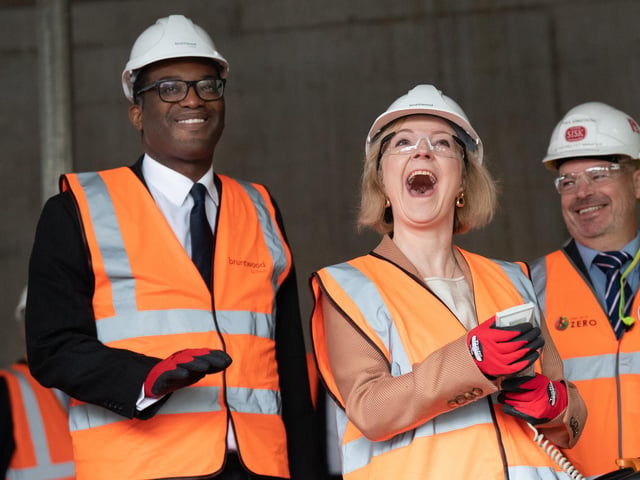 Prime Minister Liz Truss and Chancellor of the Exchequer Kwasi Kwarteng during a visit to a construction site for a medical innovation campus in Birmingham, on day three of the Conservative Party annual conference at the International Convention Centre in Birmingham. Liz Truss sacked Kwarteng before resigning herself. Picture; 04/10/2022