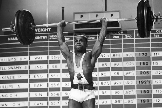 English weightlifter Precious McKenzie lifts 130 kilos to gain him a new Games record and gold medal at the 1970 Commonwealth Games in Edinburgh.
