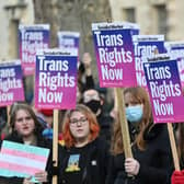 Demonstrators hold placards as they take part in a protest march in central London  to show their support for Holyrood's Gender Recognition Reform Bill