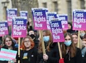 Demonstrators hold placards as they take part in a protest march in central London  to show their support for Holyrood's Gender Recognition Reform Bill