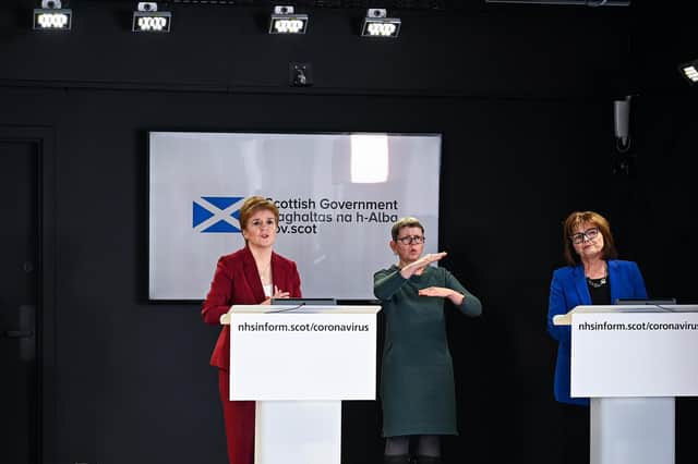 First Minister Nicola Strugeon and Health Secretary Jeane Freeman, hold a coronavirus briefing at St Andrews House on March 29, 2020 in Edinburgh, Scotland (Photo by Jeff J Mitchell/Getty Images).