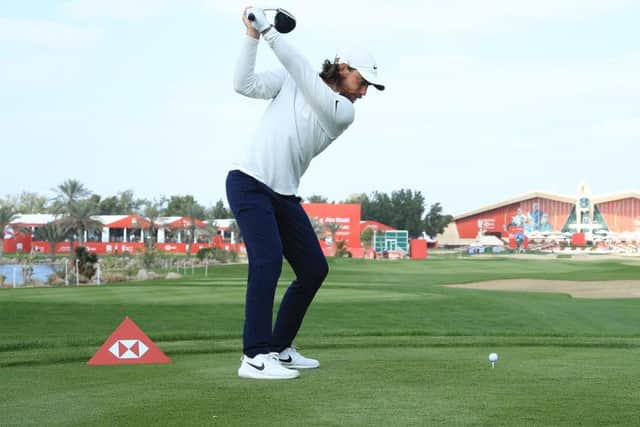 Tommy Fleetwood tees off on the ninth hole during day two of the Abu Dhabi HSBC Championship at Abu Dhabi Golf Club. Picture: Andrew Redington/Getty Images.